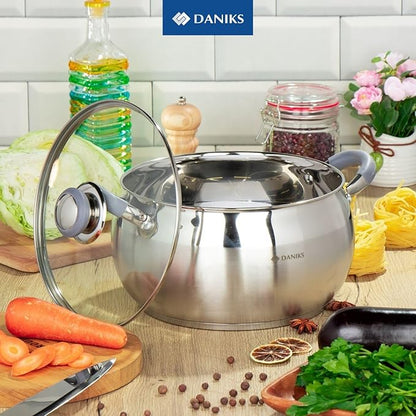 Daniks Modern Frying Pan With Lid Included, 11-Piece Stainless Steel Induction-Compatible Cookware Set, Dishwasher Safe, Heatproof Handles, Glass Lids, Silver