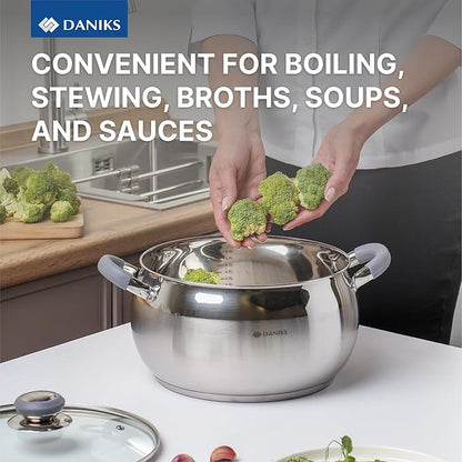 Daniks Modern Stainless Steel Stock Pot with Glass Lid – Induction 7 Quart, Dishwasher Safe, Heatproof Handles, For Soup, Pasta, Stew, Silver
