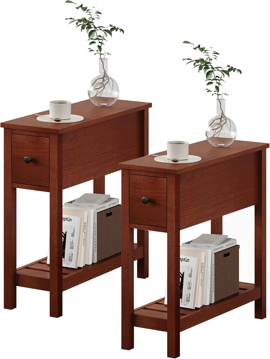 ChooChoo Narrow End Table, Small Side Table for Small Spaces, Slim End Table with Drawer, Narrow Nightstand Bedside Table for Living Room Bedroom, Cherry Brown, 2 Pack