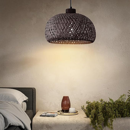 Black Bamboo Pendant Light, 11.8inch Hand-Woven Natural Wicker Rattan Farmhouse Lamp, Boho Hanging Chandelier, Rustic Kitchen Island Ceiling Pendant Light for Living Room, Dining, Foyer