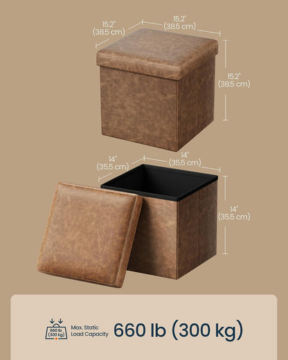 SONGMICS HOME Storage Ottoman, Removable Lid, Foldable Foot Stool, PU Leather, for Entryway, Living Room, Bedroom, 15.2 x 15.2 x 15.2 Inches, Brown