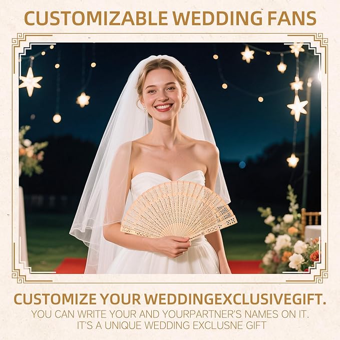 150pcs Personalized Wedding Fans for Guests - Custom Wooden Hand Fans with Names/Dates - Bulk Wedding Favors for Bridal Shower, Baby Shower & Parties (Wood, 150pcs)