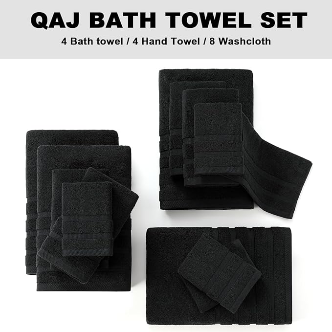 16-Piece Bath Towels Set, 100% Cotton Thick Soft Highly Absorbent Durable, Quick Dry, Bathroom Towels Set (4 Bath Towels, 4 Hand Towels, 8 Washcloths) - Perfect for Daily Use