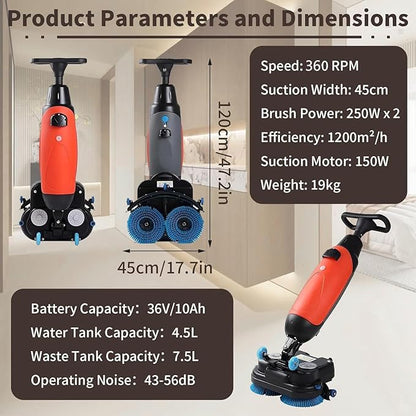 Rechargeable Floor Cleaner and Wet Dry Floor Machine, 17" Commercial Floor Scrubber, Dual-Brush Heads, Cordless Electric Floor Mop Cleaning Capacity 13000 Sqft/H, for Villa Hospital Office Red