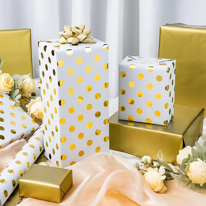 Burymento Platinum Dots Wrapping Paper, Reversible Gold Gift Wrap for Birthday, Valentines, Mothers day, Graduation, Wedding, Fathers day, Baby Shower, Christmas (17in x 32.8ft)
