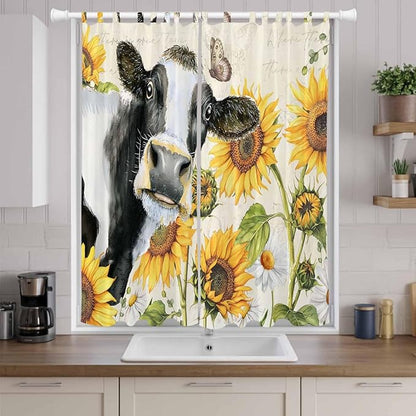Yellow Sunflowers Living Room Curtains 96 Inch Length, Window Curtains Tab Top, Country Cow Flower Butterfly Farmhouse Cream Light Filtering Window Treatments Drapes 52"x96" 2 Panel