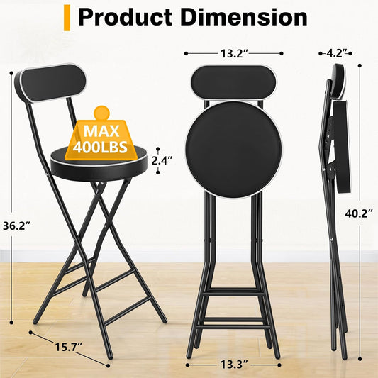 Folding Stool with Back Support, 24 Inch Portable Collapsible Bar Stool | with Padded Seat, Cushioned Foldable Chair for Kitchen, Camping, Adults & Indoor Outdoor Use