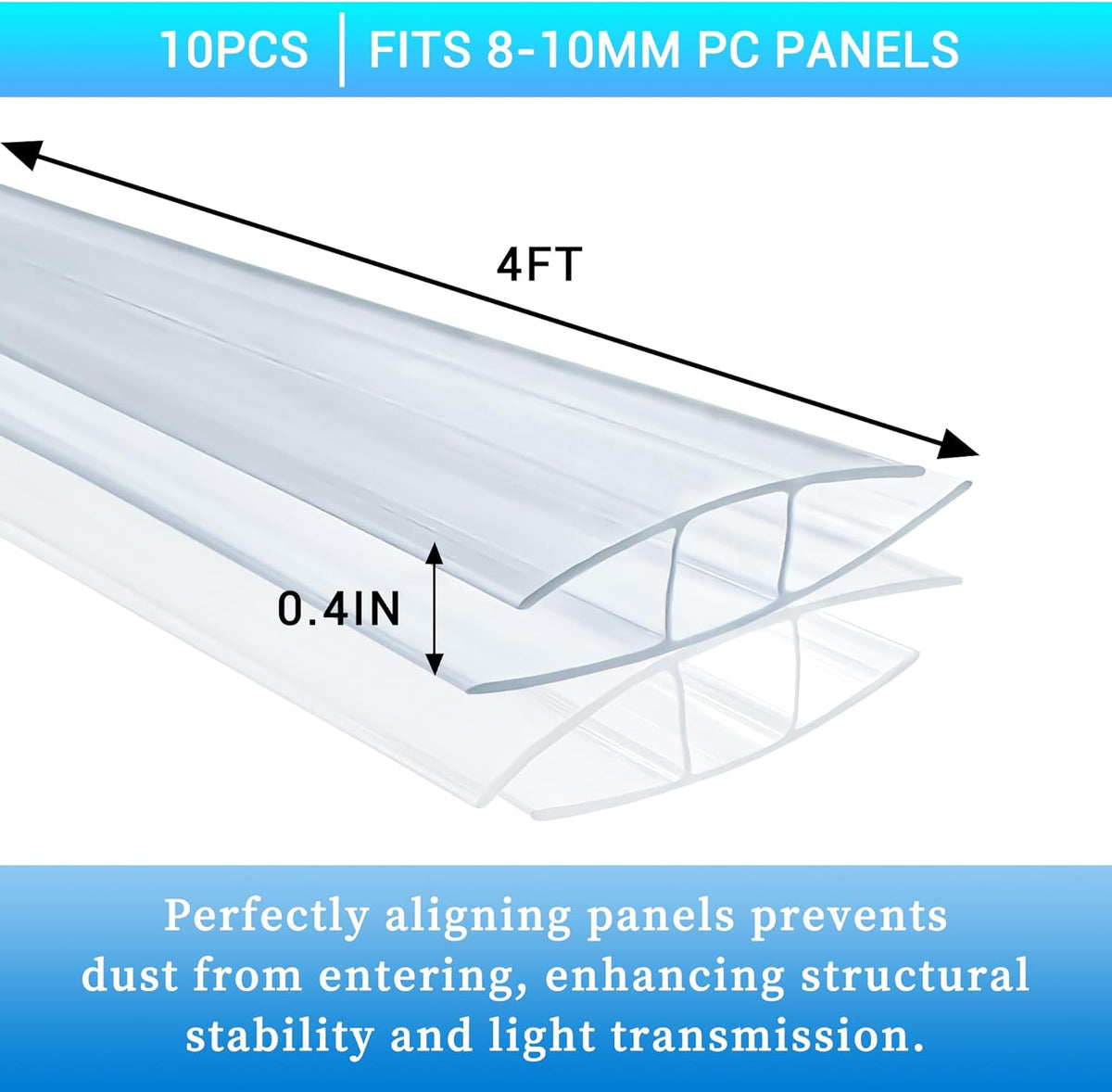 10 PCS Polycarbonate Greenhouse H-Clip Connectors 4ft Length, Fits 0.32’’ & 0.4’’ Twin-Wall Polycarbonate Panels Duty Dust, Rain & Moisture Protection Durable (H-Clip 4' × 2.32’’ × 0.4’’)