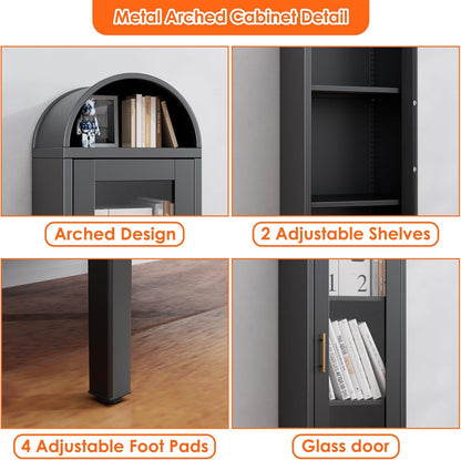 63" H Metal Arched Display Cabinet with 2 Adjustable Shelves, Arch Bookcase with 1 Glass Door for Dining Room, Living Room, Office, Bathroom, Assembly Required (Black)