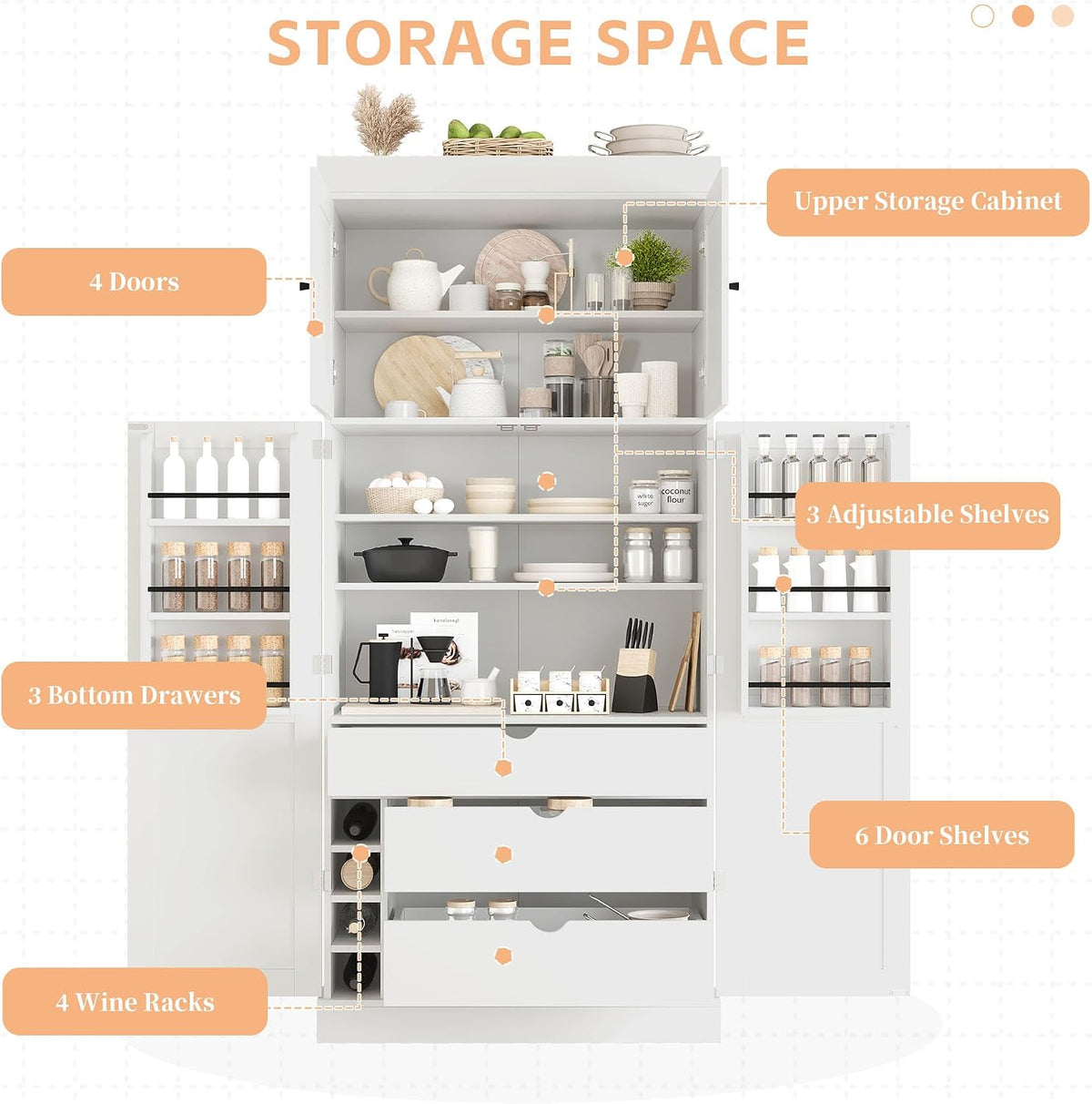 77'' Tall Freestanding Kitchen Pantry Storage Cabinet, Wooden Kitchen Organizers Cupboard with Adjustable Shelves, Door Shelves, 3 Drawers and Wine Racks for Dining Room Living Room (White-1.27)