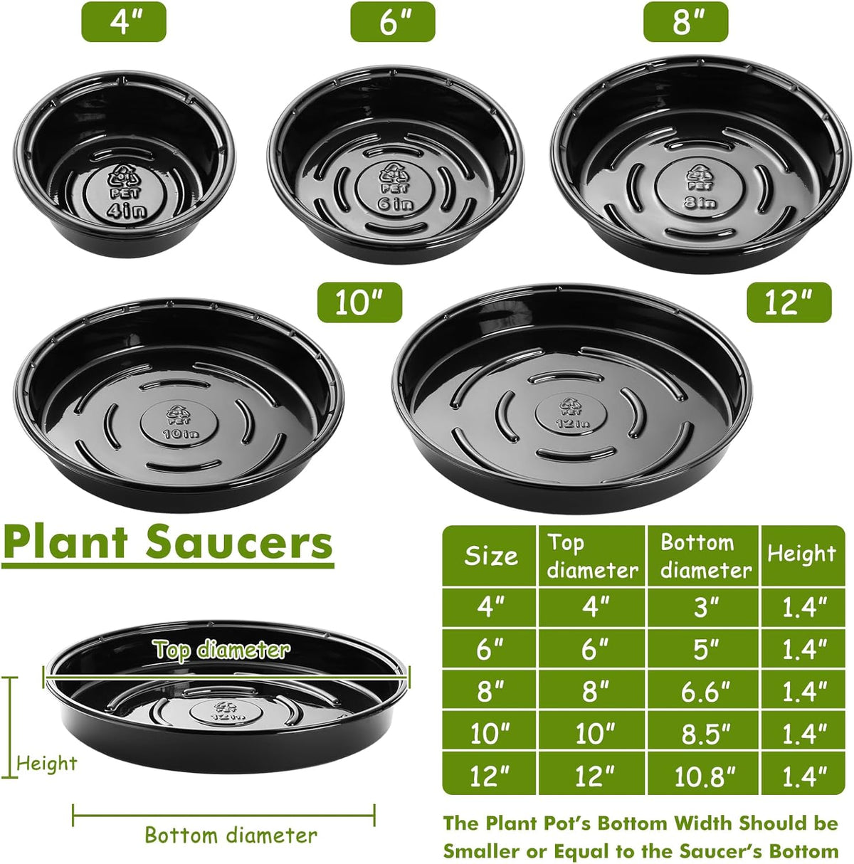 Plant Saucer 50 Pack Plant Trays for Pots 4 Inch Plastic Plant Saucers for Outdoors and Indoors Drip Trays for Potted Plants Flower Pot Plates to Catch Water Plant Drainage Dishes No Holes, Black