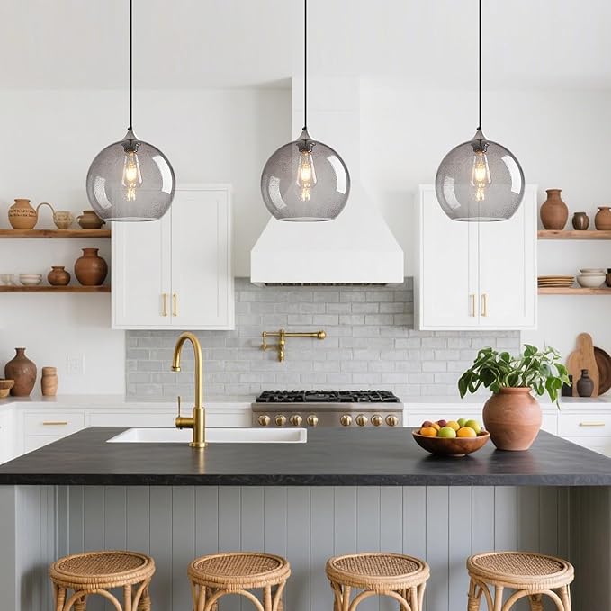 Light Grey Glass Pendant Lights Kitchen Island Globe Pendant Light Fixtures Modern Pendant Lighting for Bedroom Living Dining Room Light Fixture (9.84 in, 1 Pack)