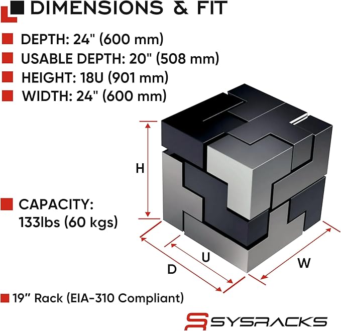 Sysracks 18U Wall Mount Server Rack Cabinet, 19” Locking Network Rack, 24” Deep, Glass Door, with Fan, PDU and Shelf
