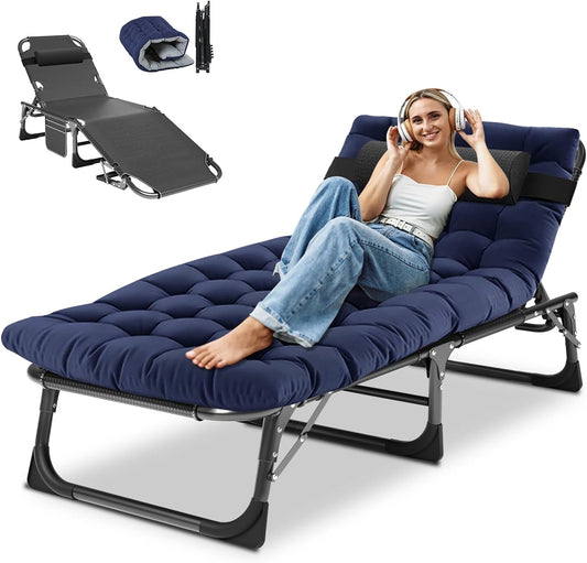 DoCred Chaise Lounge Chair, 5-Position Folding Outdoor Lounge Chair | Heavy Duty Sturdy Steel Frame Chaise Lounge w/ Removable Cushion & Pillow, Folds Flat for Storage, for Beach, Pool & Patio
