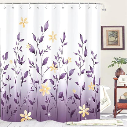 Eucalyptus Shower Curtain, Ombre Floral Leaves Plant Washable Fabric Bath Decor with 12 Hooks 72x72 inches, Lavender