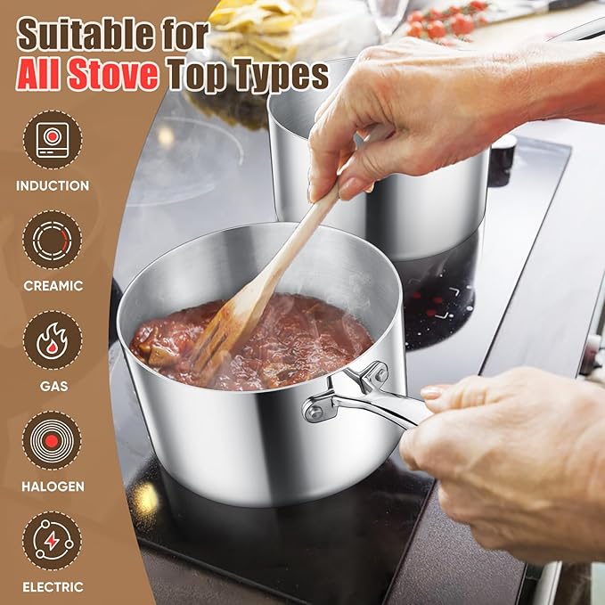 E-far Stainless Steel Saucepan Set - 2Qt & 3 Qt, Triply Sauce Pan Pot with Lid for Cooking Pasta Warming Milk Boiling Water, Small Metal Cookware for Kitchen, Induction Ready & Heavy Duty