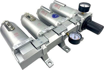 4 STAGE SUPER DUTY INDUSTRIAL GRADE ULTRA CLEAN FILTER REGULATOR COALESCING DESICCANT DRYER SYSTEM FOR COMPRESSED AIR LINES METAL BOWLS GREAT FOR PAINT SPRAY AND PLASMA CUTTER (3/4"NPT MANUAL DRAIN)