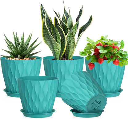 7 inch Plant Pots for Indoor Outdoor Plants, 5 Pack Thick Flower Pots with Drainage Holes and Saucers, 3D Modern Wave Texture Plastic Planter Pots for Nursery and House Plants, Blue Green