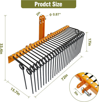 GAOMON Pine Straw Rake 72 Inch , 30 Coil Spring Tines Durable Powder Coated Steel Tow Behind Landscape Rake with 3 Point Hitch Receiver Attachment Fit to Cat0 Cat 1 Tractors for Leaves Grass