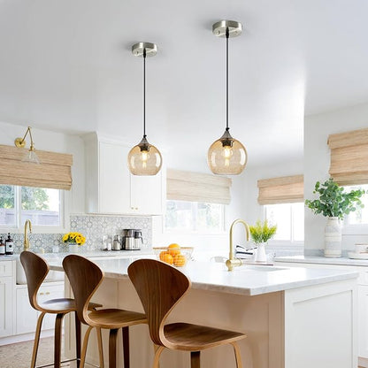 Light Brown Glass Pendant Lights Kitchen Island Globe Pendant Light Fixtures Modern Pendant Lighting for Bedroom Living Dining Room Light Fixture (5.9 in, 1 Pack)