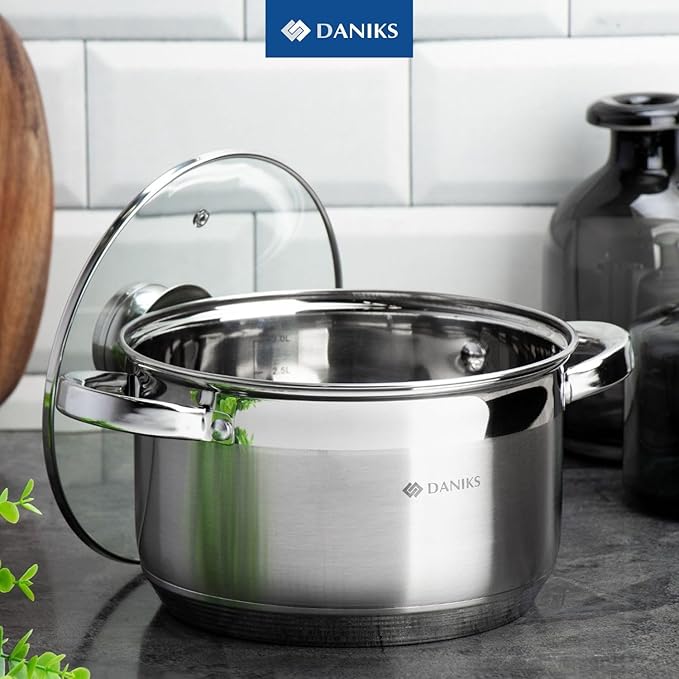 Daniks Standard Stainless Steel Stock Pot with Glass Lid – Induction 2 Quart, Dishwasher Safe, Measuring Scale, For Soup, Pasta, Stew, Silver