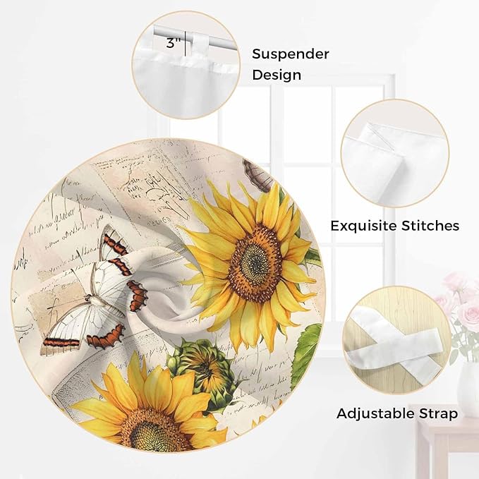 Yellow Sunflowers Bedroom Curtains 72 Inch Length, Window Curtains Tab Top, Country Farm Butterfly Flower Light Beige Light Filtering Window Treatments Drapes 52"x72" 2 Panel