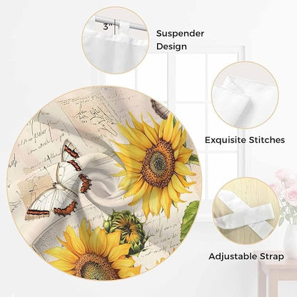 Yellow Sunflowers Bathroom Curtains 63 Inch Length, Window Curtains Tab Top, Country Farm Butterfly Flower Light Beige Light Filtering Window Treatments Drapes 52"x63" 2 Panel