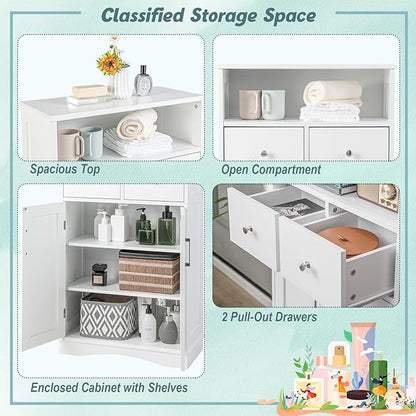 Tangkula Bathroom Cabinet, Freestanding Storage Organizer w/2 Drawers & 2 Doors, 3-Position Adjustable Shelves, Anti-Toppling Design, Floor Cabinet for Bathroom (White, 2 Drawers & Cabinet)