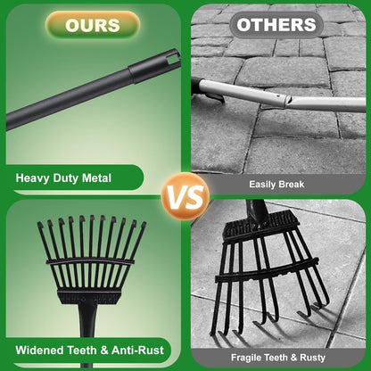 Rake for Leaves Small Metal Garden Tool with 11 Tines 63 Inch Adjustable Handle Sturdy Yard Rake for Gardening Gathering Leaves Weeds Debris, Black