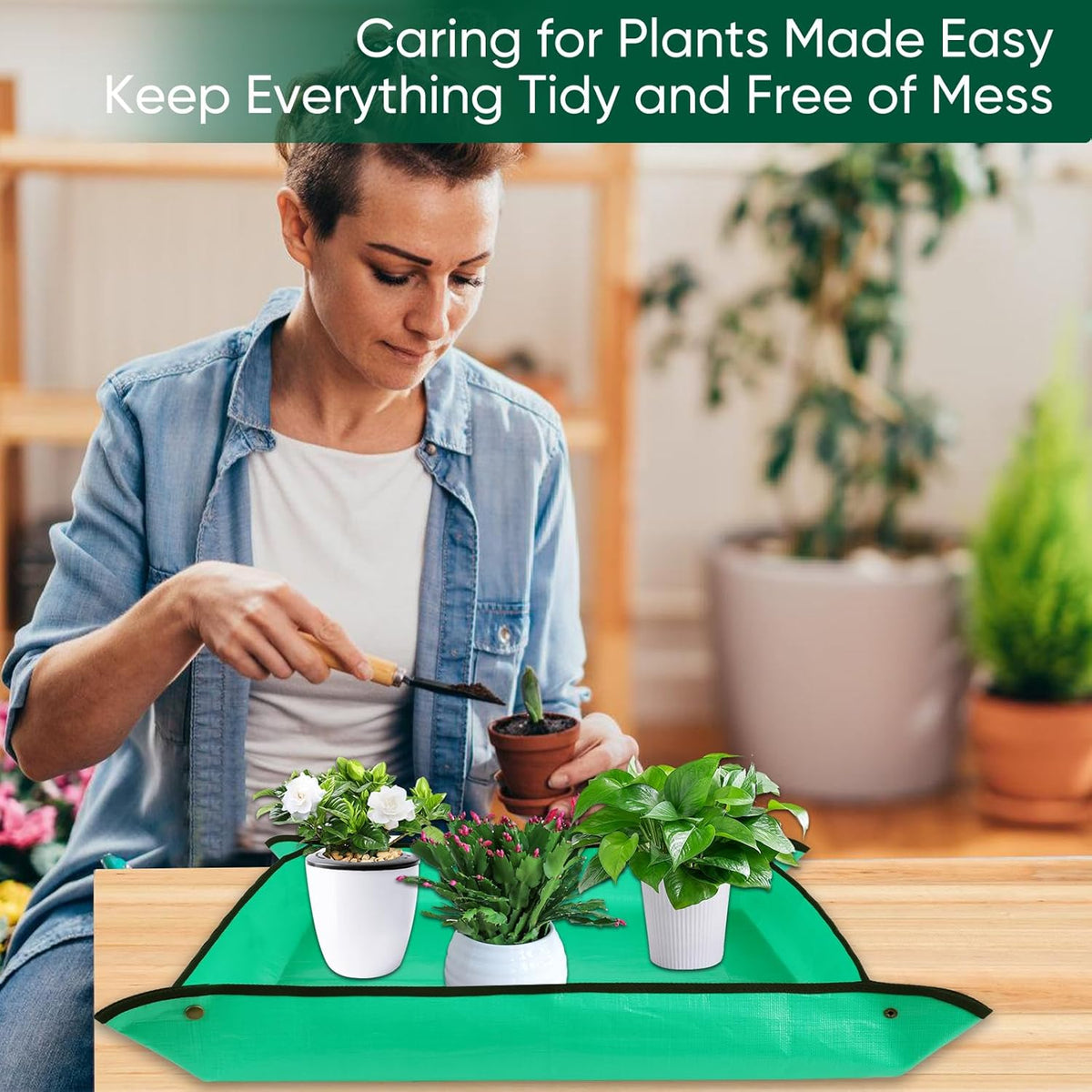 HKZ Repotting Mat for Indoor Plant - 26'' x 26'' Planting Mat Soil Mess Control, Portable Succulent Planting Potting Tray Waterproof Gardening Transplanting Bonsai Tools(Pale Green)