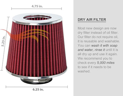Rtunes Racing Universal Clamp-On Air Filter, Standard Cone, Dry Washable Design, Multiple Inlet Sizes (Red, 2.5" Inch)