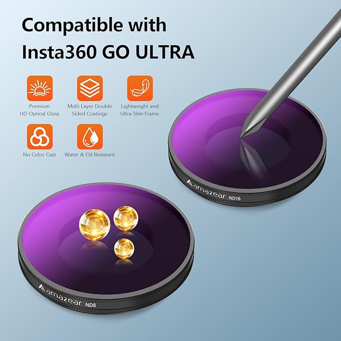 AMAZEAR ND Filters Kit for Insta360 GO Ultra Accessories (3 Pack), Insta 360 ND8 ND32 ND128 Optical Glass Pro Lens Filters with Multi Coating for Cinematic Motion Blur and Light Reduction