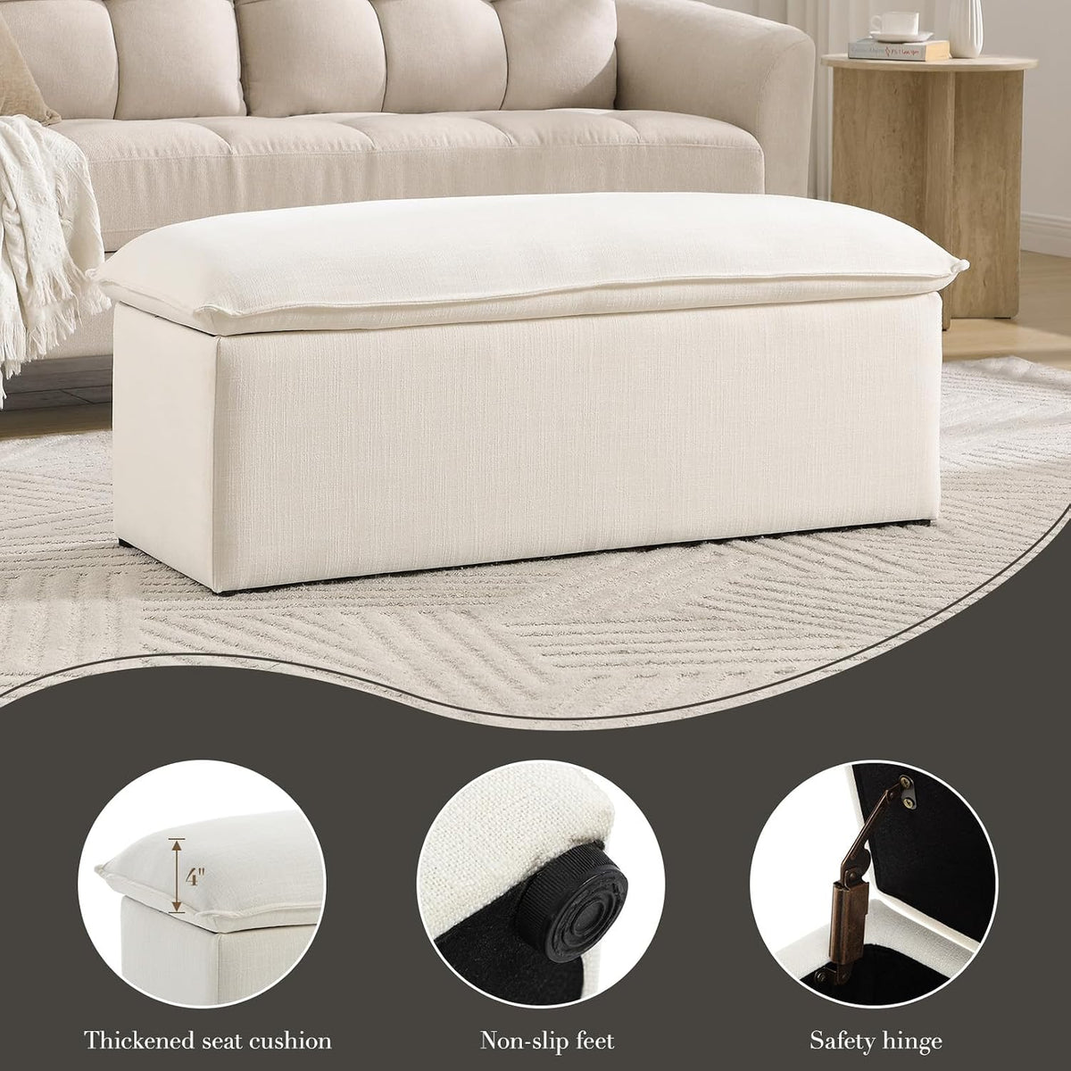 CIMOTA Storage Ottoman Bench, Upholstered End of Bed Storage Bench with Safety Hinge, Large Storage Chest with Seating, Modern Entryway Bench for Bedroom, Living Room, Linen Beige