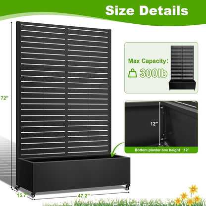 Metal Planter Box with Trellis, 72"x47"x16" Metal Raised Garden Bed with Trellis, Trellis Planter Box with Drainage Holes & Lockable Casters for Climbing Plants, Vegetables, and Vines