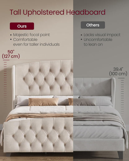VASAGLE King Platform Bed Frame, Upholstered, Wooden Slats