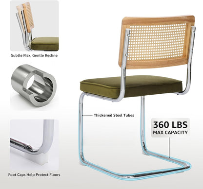 Rattan Dining Chairs Set of 4, Mid-Century Modern Dining Room Chairs with Cane Back, Velvet Upholstered Seat & Chrome Cantilever Frame, Sillas de Comedor, Kitchen & Dining Room Chairs (Green)