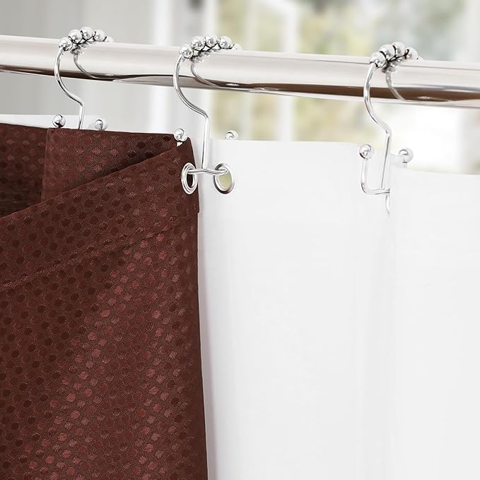 3 in 1 Shower Curtain Set, Brown Waffle Shower Curtain and PEVA Liner Set with 12 Stainless Steel Shower Curtain Hooks, Waterproof Fabric Shower Curtains for Bathroom, 72 W x 72 H
