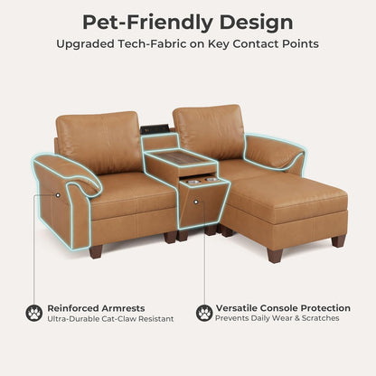 SITJOY Faux Leather Modular Sectional Sofa with Storage, Mid Century Modern Sectional Couches for Living Room, 11.8" Wide Armrests, 96" Wide 3 Seater L Shaped Couch with Chaise, Brown