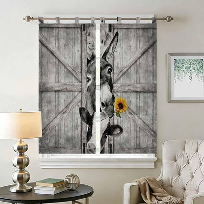 Funny Farm Animals Bathroom Curtains 63 Inch Length, Window Curtains Tab Top, Vintage Barn Grey Sunflowers Light Filtering Window Treatments Drapes 52"x63" 2 Panel