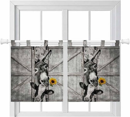 Funny Farm Animals Kitchen Curtains 36 Inch Length, Small Window Curtains Tab Top, Vintage Barn Grey Sunflowers Light Filtering Short Window Treatments Tier Drapes 27.5"x36" 2 Panel