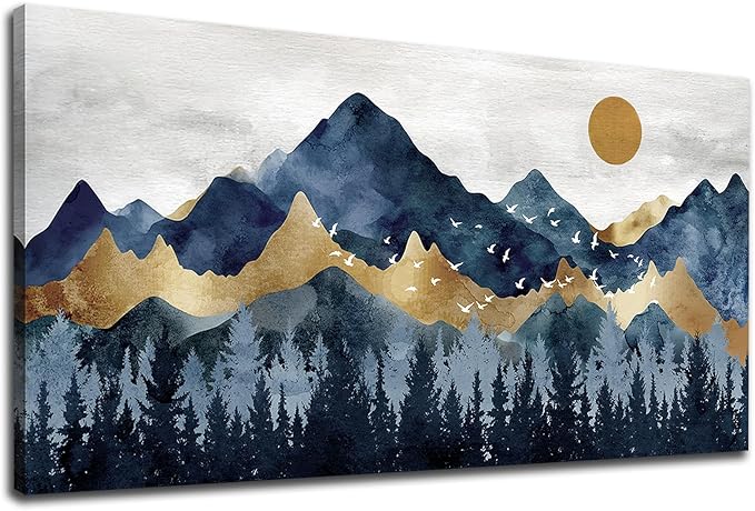 Abstract Nordic Canvas Wall Art - Indigo Blue and Brown Mountain Forest Picture Wall Decor Sun Birds Canvas Painting Nature Landscape Prints Artwork for Living Room Bedroom Decoration 20" x 40"