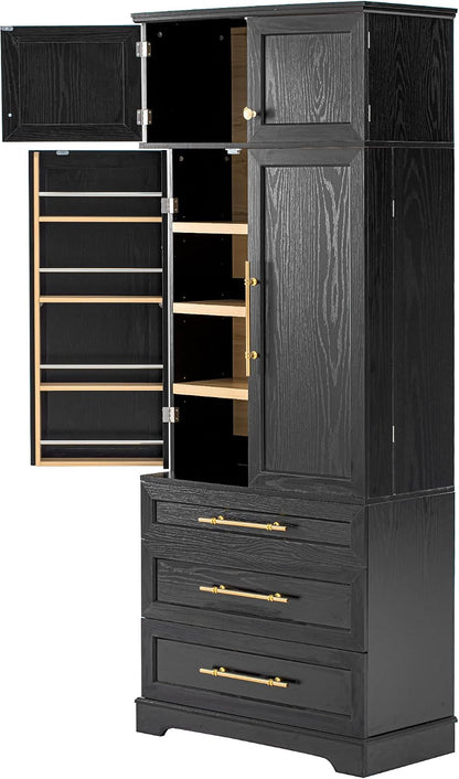 JIJIWANG Kitchen Pantry Storage Cabinet with Doors & Adjustable Shelves,Farmhouse Kitchen Pantry Cabinet with Drawer & Storage,for Kitchen, Dining & Bathroom,Black
