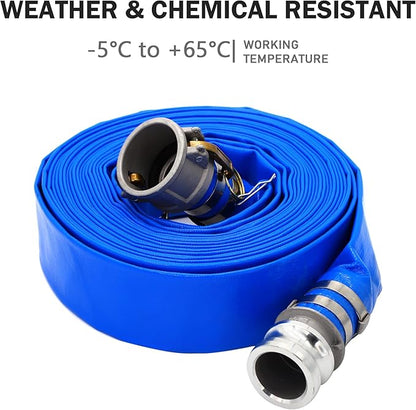 DAVCO 1-1/2" ID × 50 ft PVC Lay Flat Discharge Hose, Heavy Duty Reinforced Blue Pool Backwash Hoses For Swimming Drain Pools, with Aluminum Camlock C and E Fittings, Cam Lock Fitting Type F included