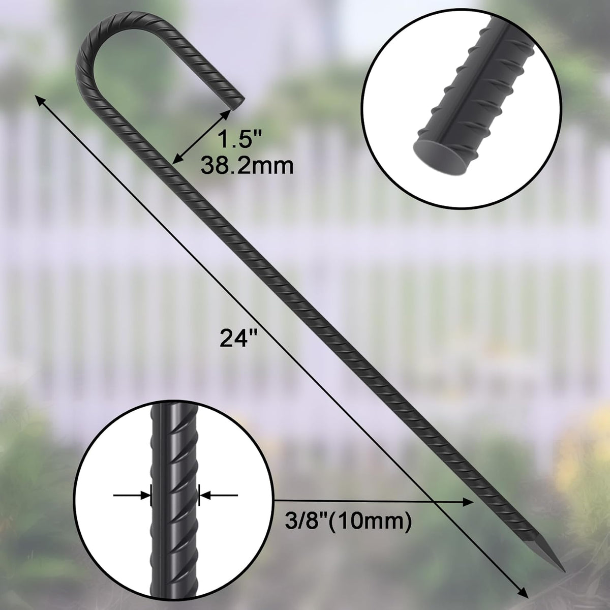 24 Pack J Hook Rebar Stakes 24 Inch 3/8 Inch Diameter Metal Stakes for Ground Heavy Duty with Chisel Point End Chain Link Fence Stakes for Swing Set, Gazebo and Bounce House, Black
