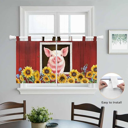 Pigs Sunflowers Kitchen Curtains 24 Inch Length, Small Window Curtains Tab Top, Farmhouse Red Barn Flowers Animals Light Filtering Short Window Treatments Tier Drapes 27.5"x24" 2 Panel
