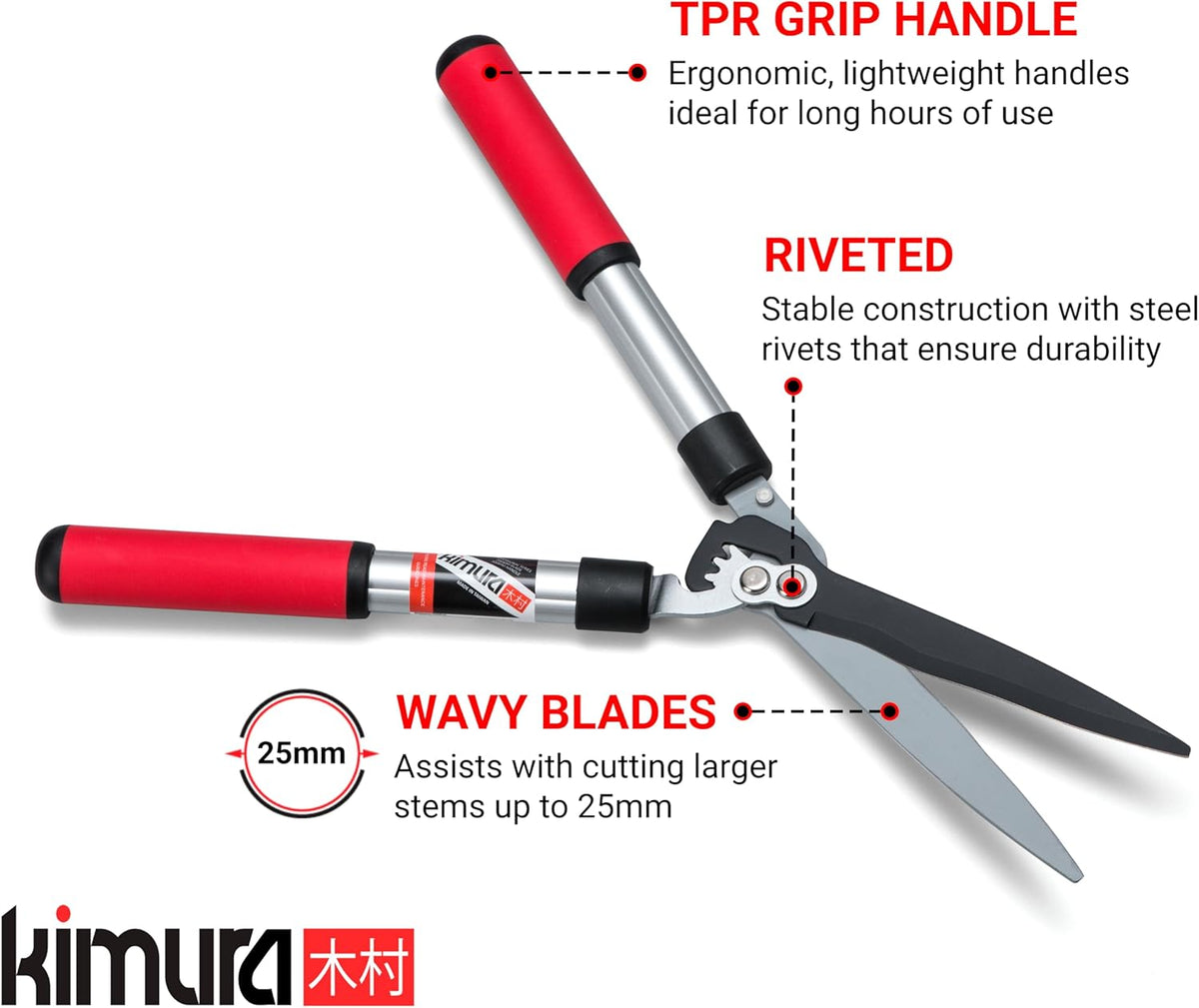 Kimura® Pro Heavy Duty Hedge Shears - Premium Garden Clippers with Patented Gearing Technology, Ultra Lightweight Aluminium Handles, Japanese SK5 Steel Blades, Ideal Shears for Gardening - 22" Trimmer