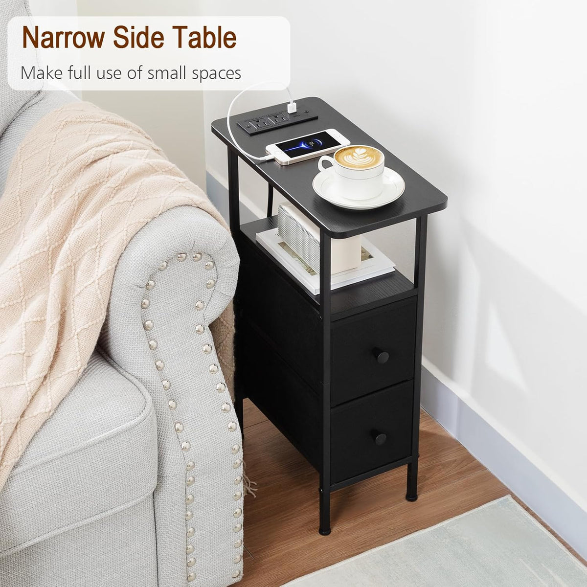 LOAKEKEL Narrow End Table Living Room with Charging Station, Skinny Side Table with Fabric Drawers, Slim Nightstand for Bedroom, Small Spaces, Couch, Black, HETNDP02BK-1