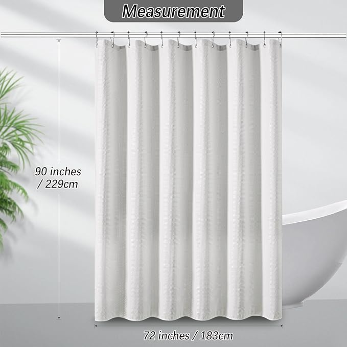 White Shower Curtain for Bathroom 90 Inches Long, Waffle Textured Heavy Duty Extra Long Waterproof 256GSM Weighted Beige Shower Curtains with 12 Metal Hooks, 72Wx90H