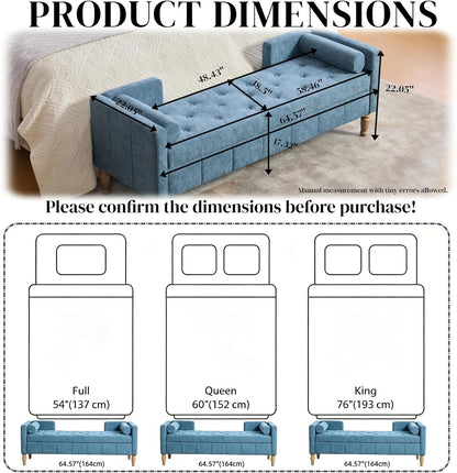 Aoiy & Wifon 64.57" W End of Bed Bench King Size, Upholstered Large Storage Ottoman Bench with Bolster Pillows & Armrest, Window Seat Bench for Living Room Bedroom, Chenille, Blue