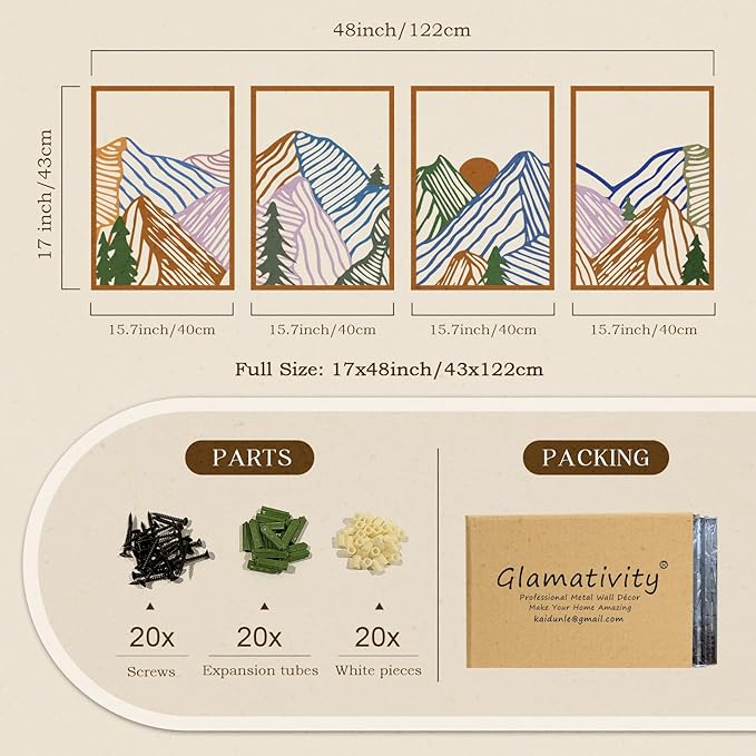 Glamativity 4 Pcs Colorful And Black Double-Sided Abstract Mountain Metal Wall Art , Mountain Line Art Décor, 3D Textured Minimalist Wall Decor, Rustic Nature Wall Décor for Living Room Bedroom Study (Mountain, M Size 17 x 12'')